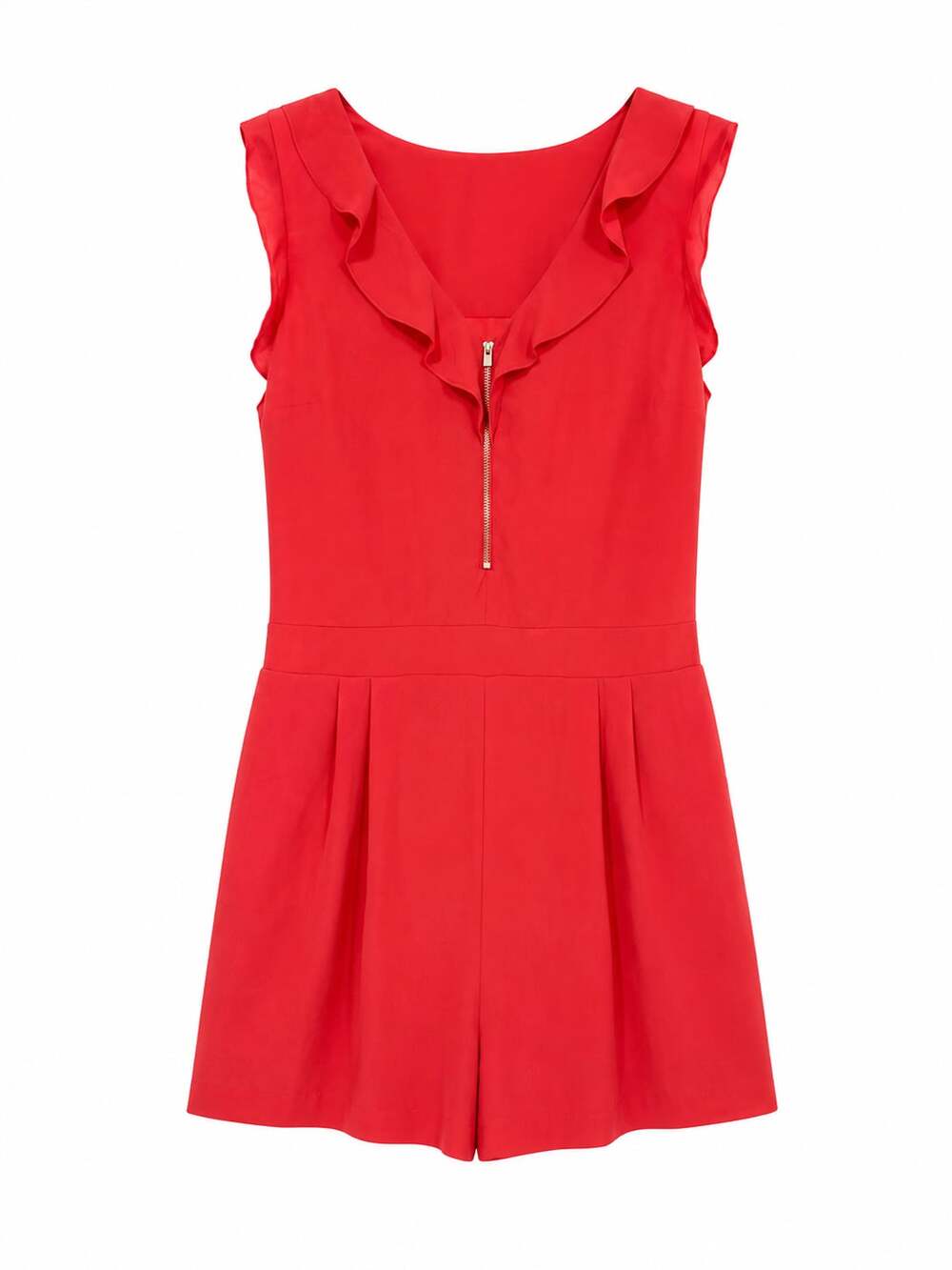 Express Red Ruffle V-Neck Zip Front Romper - Picture 2 of 4